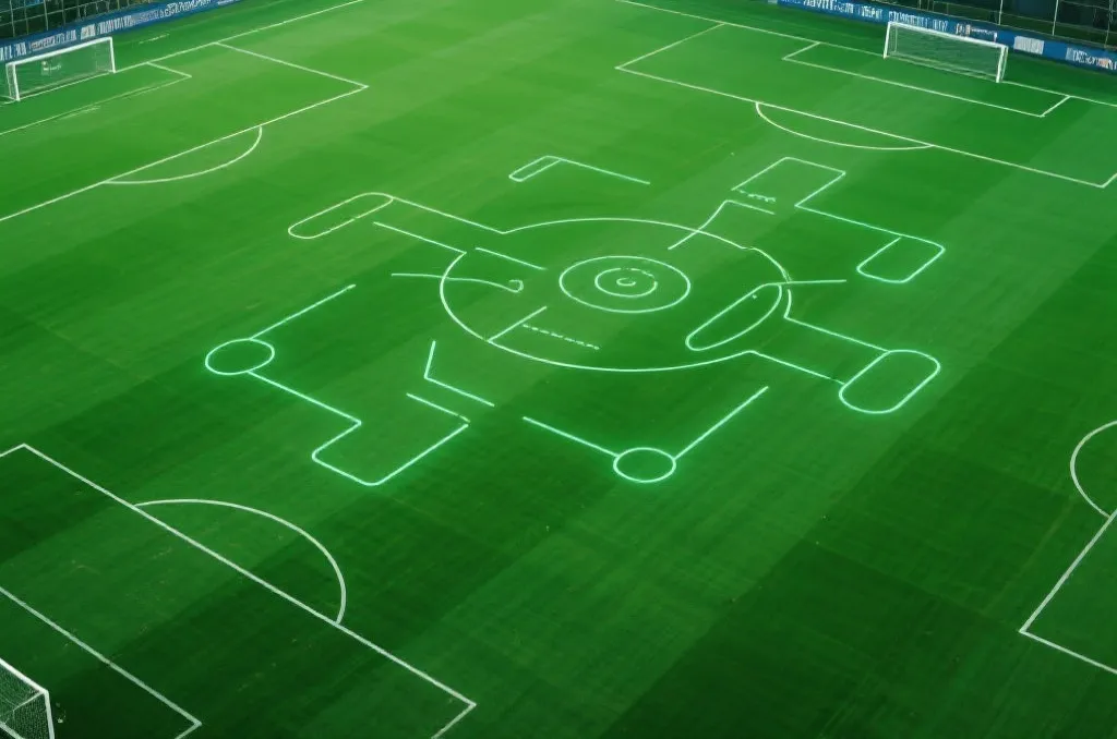 A high-angle view of a professional green soccer field with abstract digital tactical lines projected onto it